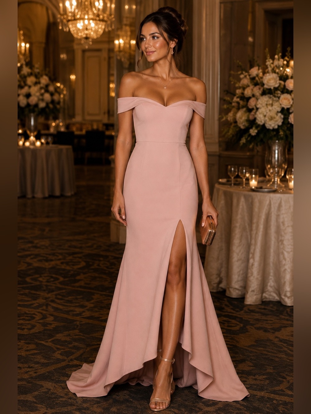 NWT Nookie Neptune Gown L Blush Pink Off Shoulder Maxi Formal Dress NND1913